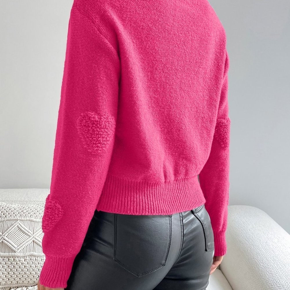 Pink Casual Womens Heart Knit Drop Shoulder Sweater - Picture 2 of 5